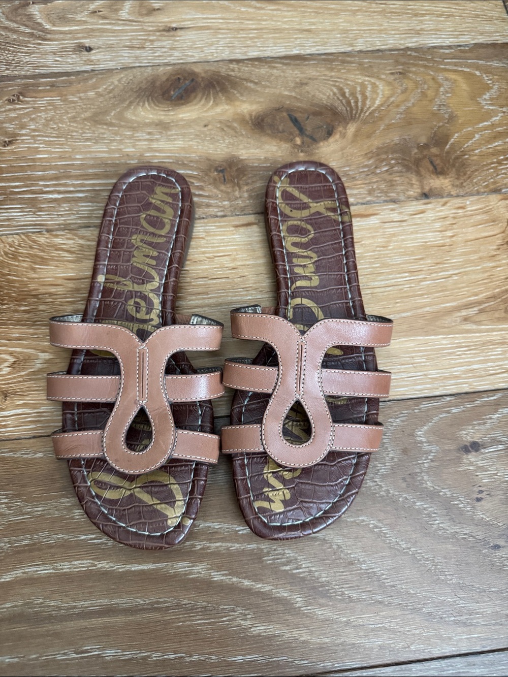 Sam Edelman Tan Triple-Strap Cutout Slide Sandals